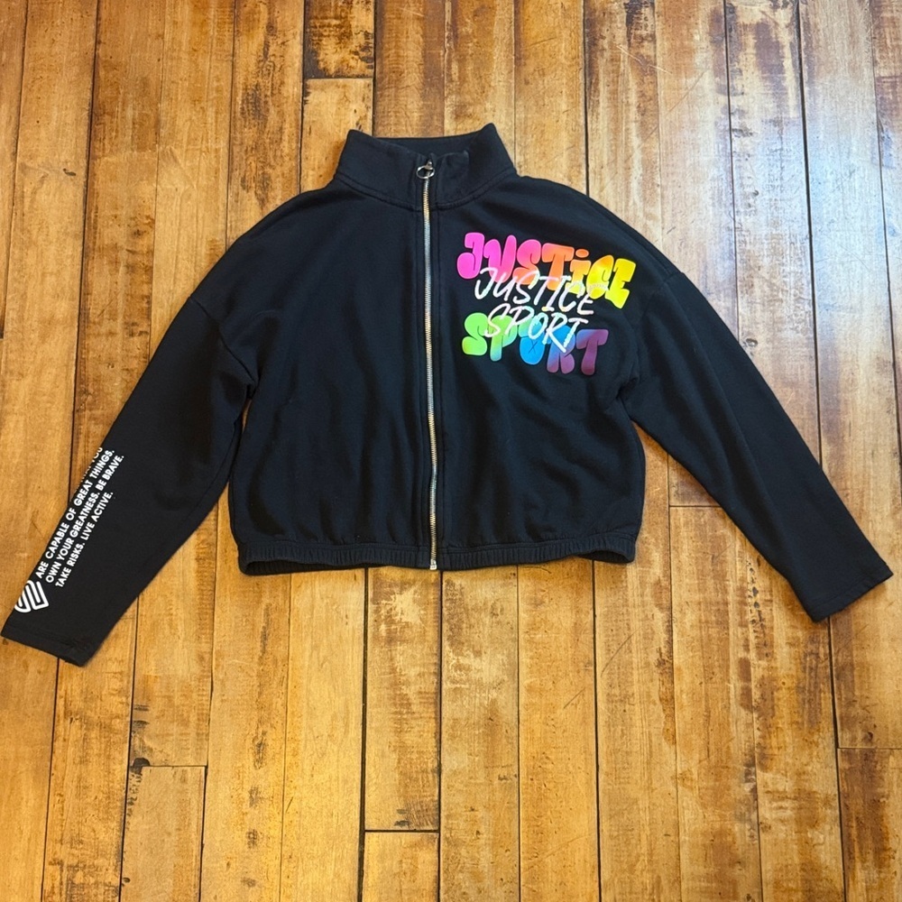 Justice sweatshirt size 12 to 14 black sequins rainbow lettering streetwear